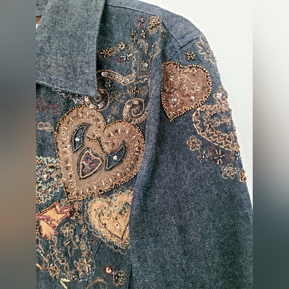 Chico's Women's Dark Blue Denim Embroidered Beaded Jacket 99%Cotton 1/Small - Picture 7 of 16